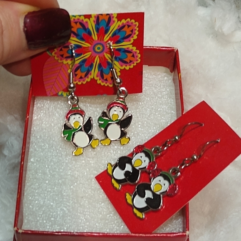 Set of 3 Waddling Enamel Penguins Earrings & Necklace